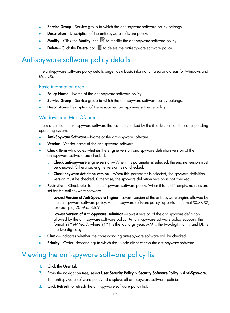Anti-spyware software policy details, Basic information area, Windows and mac os areas | Viewing the anti-spyware software policy list | H3C Technologies H3C Intelligent Management Center User Manual | Page 78 / 327