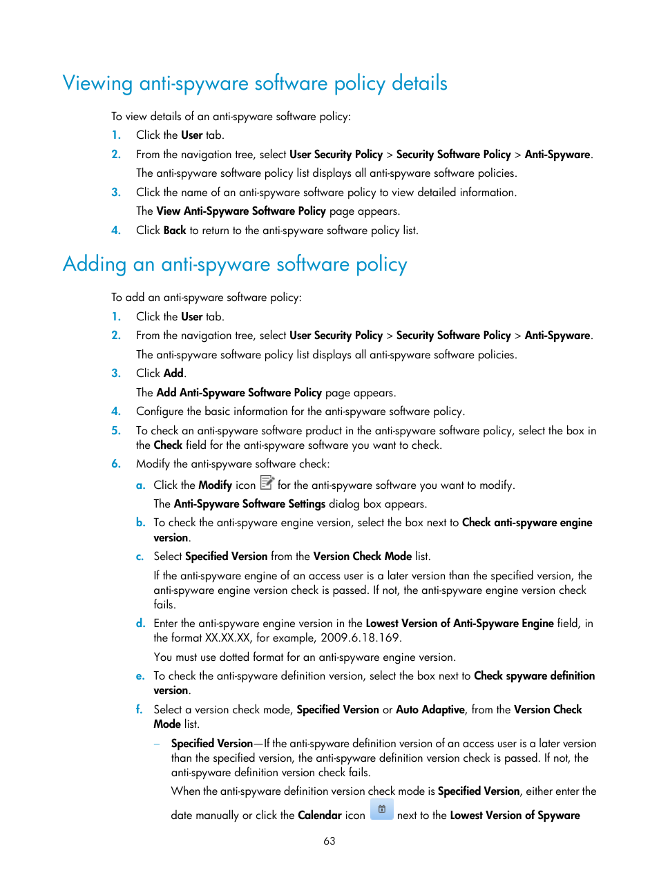 Viewing anti-spyware software policy details, Adding an anti-spyware software policy | H3C Technologies H3C Intelligent Management Center User Manual | Page 79 / 327