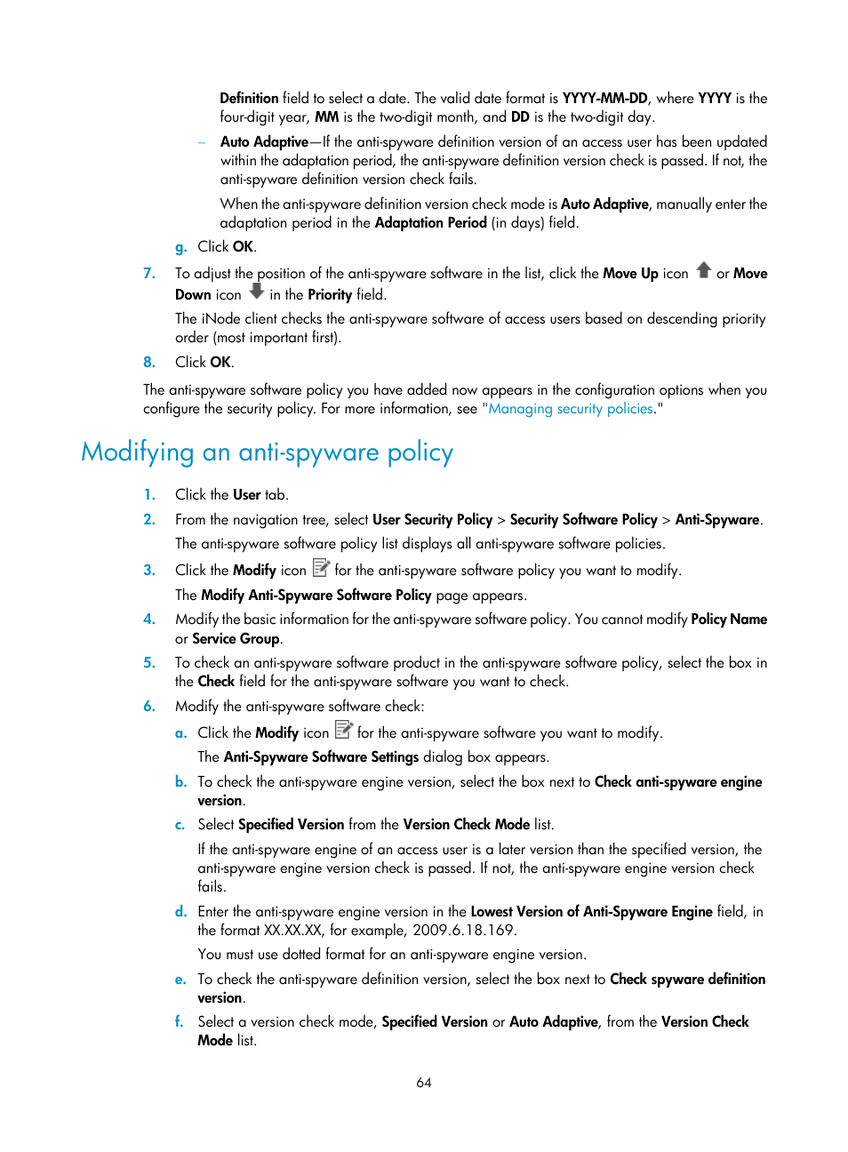 Modifying an anti-spyware policy | H3C Technologies H3C Intelligent Management Center User Manual | Page 80 / 327