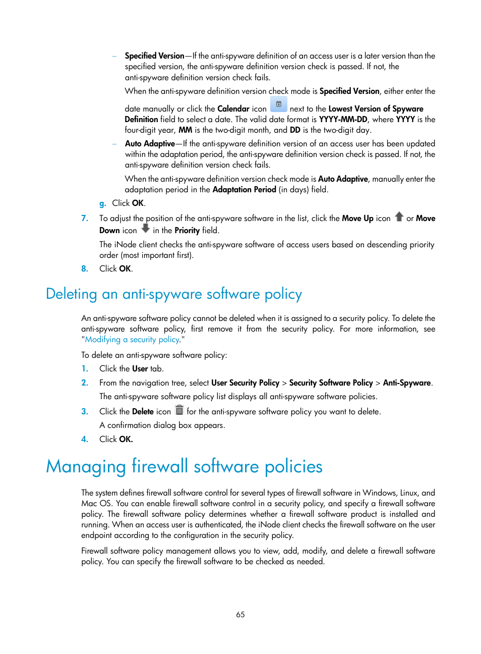 Deleting an anti-spyware software policy, Managing firewall software policies | H3C Technologies H3C Intelligent Management Center User Manual | Page 81 / 327