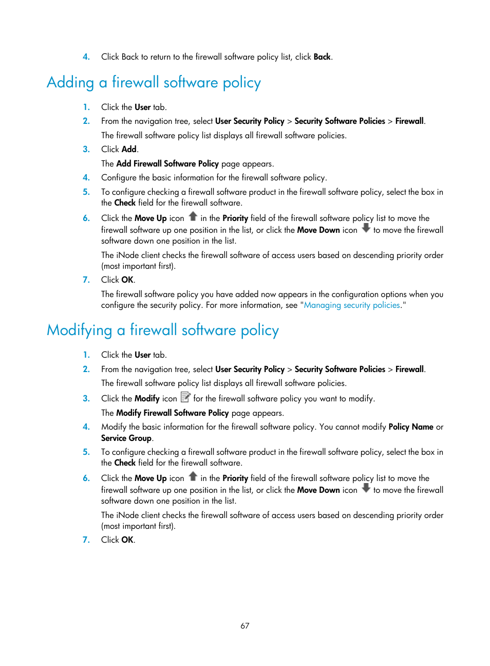 Adding a firewall software policy, Modifying a firewall software policy | H3C Technologies H3C Intelligent Management Center User Manual | Page 83 / 327