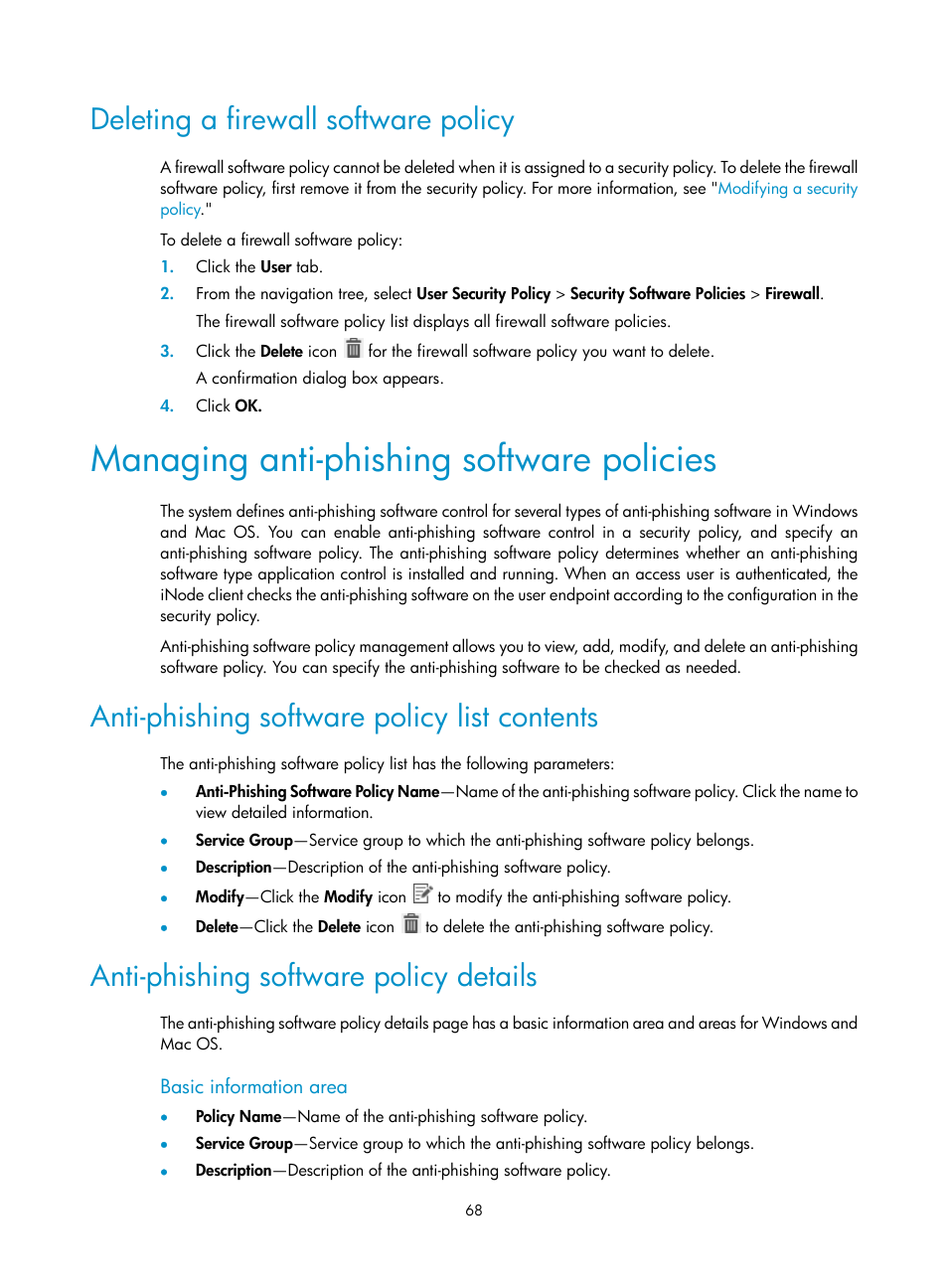 Deleting a firewall software policy, Managing anti-phishing software policies, Anti-phishing software policy list contents | Anti-phishing software policy details, Basic information area | H3C Technologies H3C Intelligent Management Center User Manual | Page 84 / 327