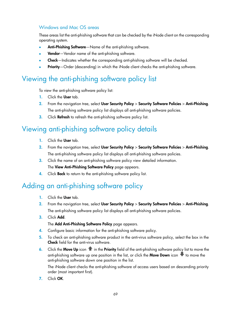 Windows and mac os areas, Viewing the anti-phishing software policy list, Viewing anti-phishing software policy details | Adding an anti-phishing software policy | H3C Technologies H3C Intelligent Management Center User Manual | Page 85 / 327
