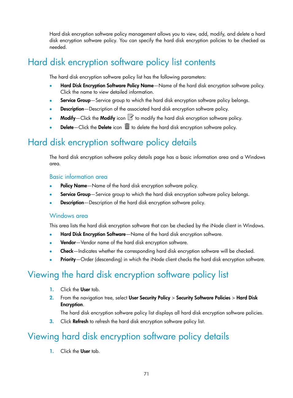 Hard disk encryption software policy list contents, Hard disk encryption software policy details, Basic information area | Windows area | H3C Technologies H3C Intelligent Management Center User Manual | Page 87 / 327