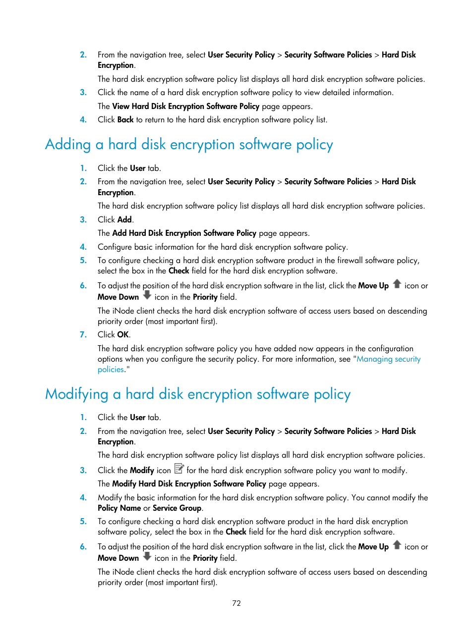 Adding a hard disk encryption software policy, Modifying a hard disk encryption software policy | H3C Technologies H3C Intelligent Management Center User Manual | Page 88 / 327