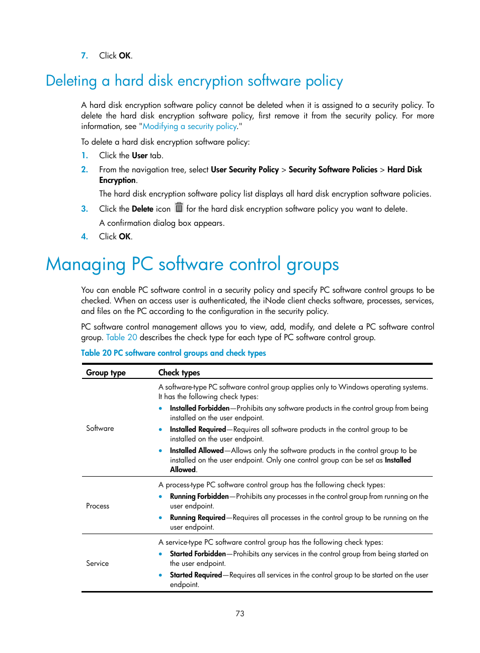 Deleting a hard disk encryption software policy, Managing pc software control groups | H3C Technologies H3C Intelligent Management Center User Manual | Page 89 / 327