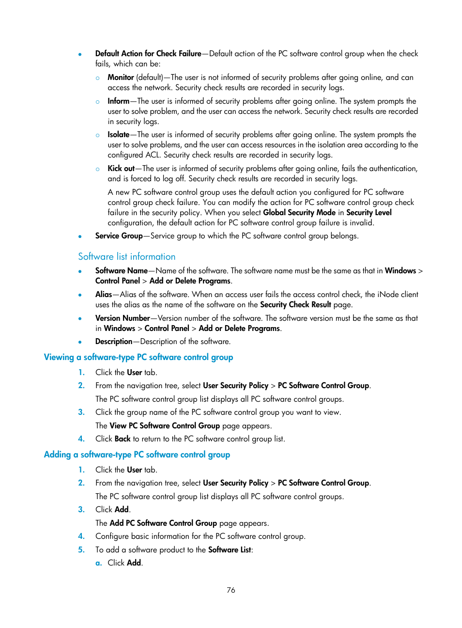 Software list information, Viewing a software-type pc software control group, Adding a software-type pc software control group | H3C Technologies H3C Intelligent Management Center User Manual | Page 92 / 327