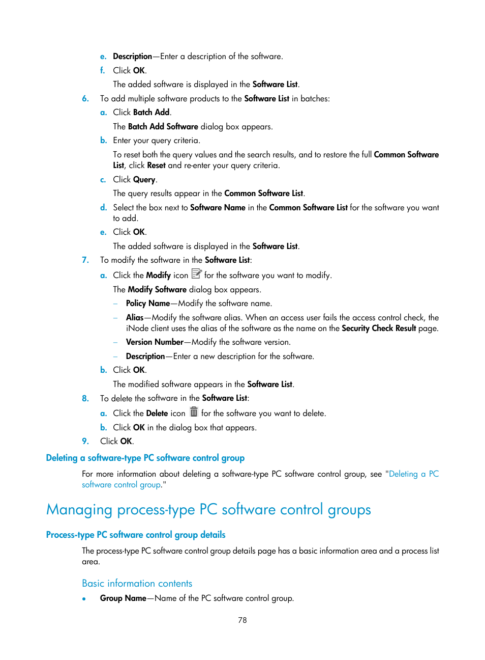 Deleting a software-type pc software control group, Managing process-type pc software control groups, Process-type pc software control group details | Basic information contents | H3C Technologies H3C Intelligent Management Center User Manual | Page 94 / 327