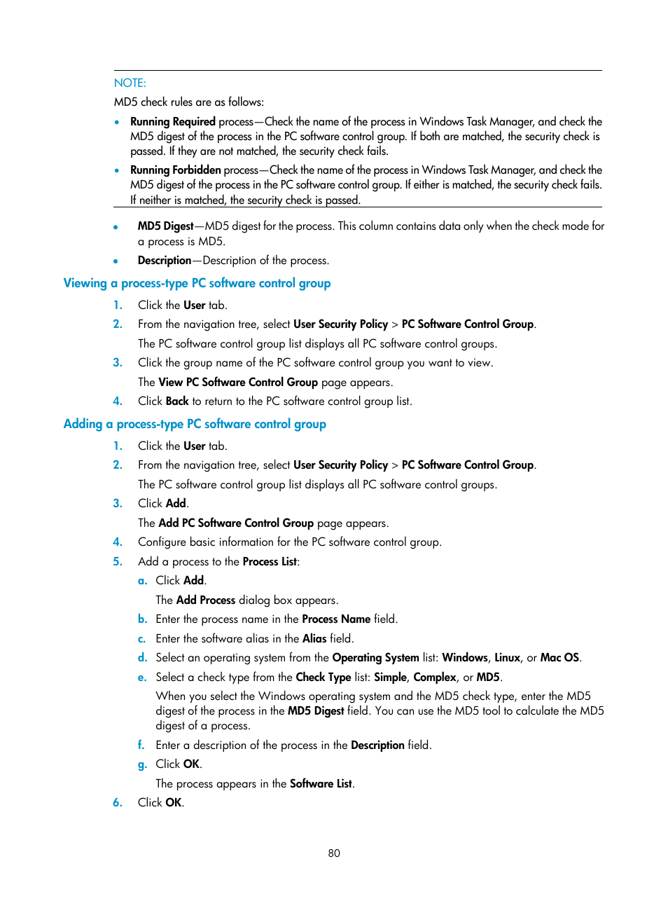 Viewing a process-type pc software control group, Adding a process-type pc software control group | H3C Technologies H3C Intelligent Management Center User Manual | Page 96 / 327