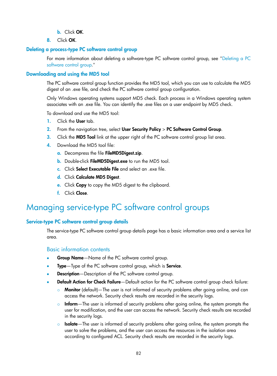 Deleting a process-type pc software control group, Downloading and using the md5 tool, Managing service-type pc software control groups | Service-type pc software control group details, Basic information contents | H3C Technologies H3C Intelligent Management Center User Manual | Page 98 / 327
