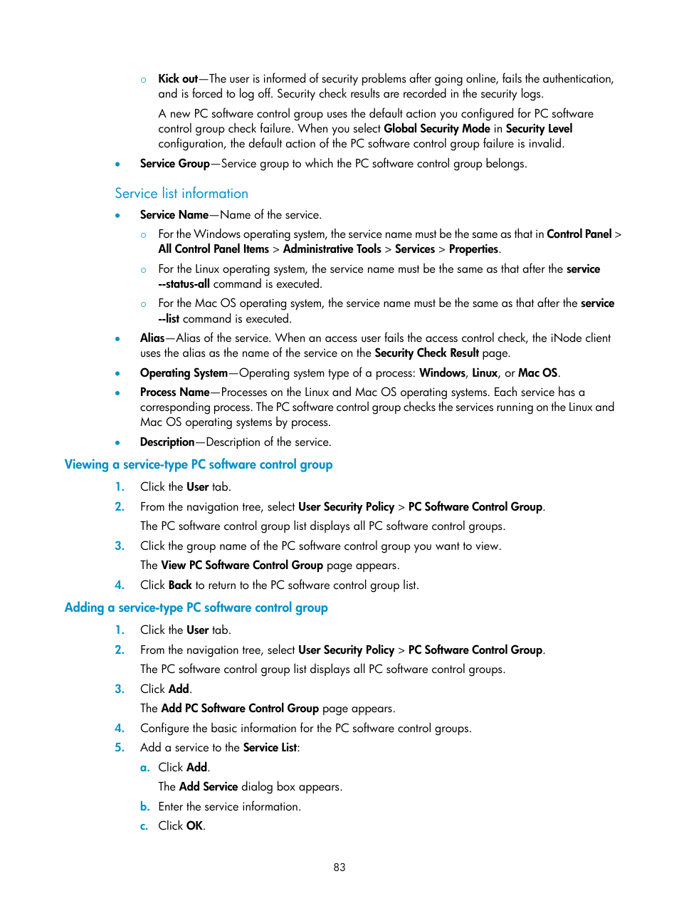 Service list information, Viewing a service-type pc software control group, Adding a service-type pc software control group | H3C Technologies H3C Intelligent Management Center User Manual | Page 99 / 327