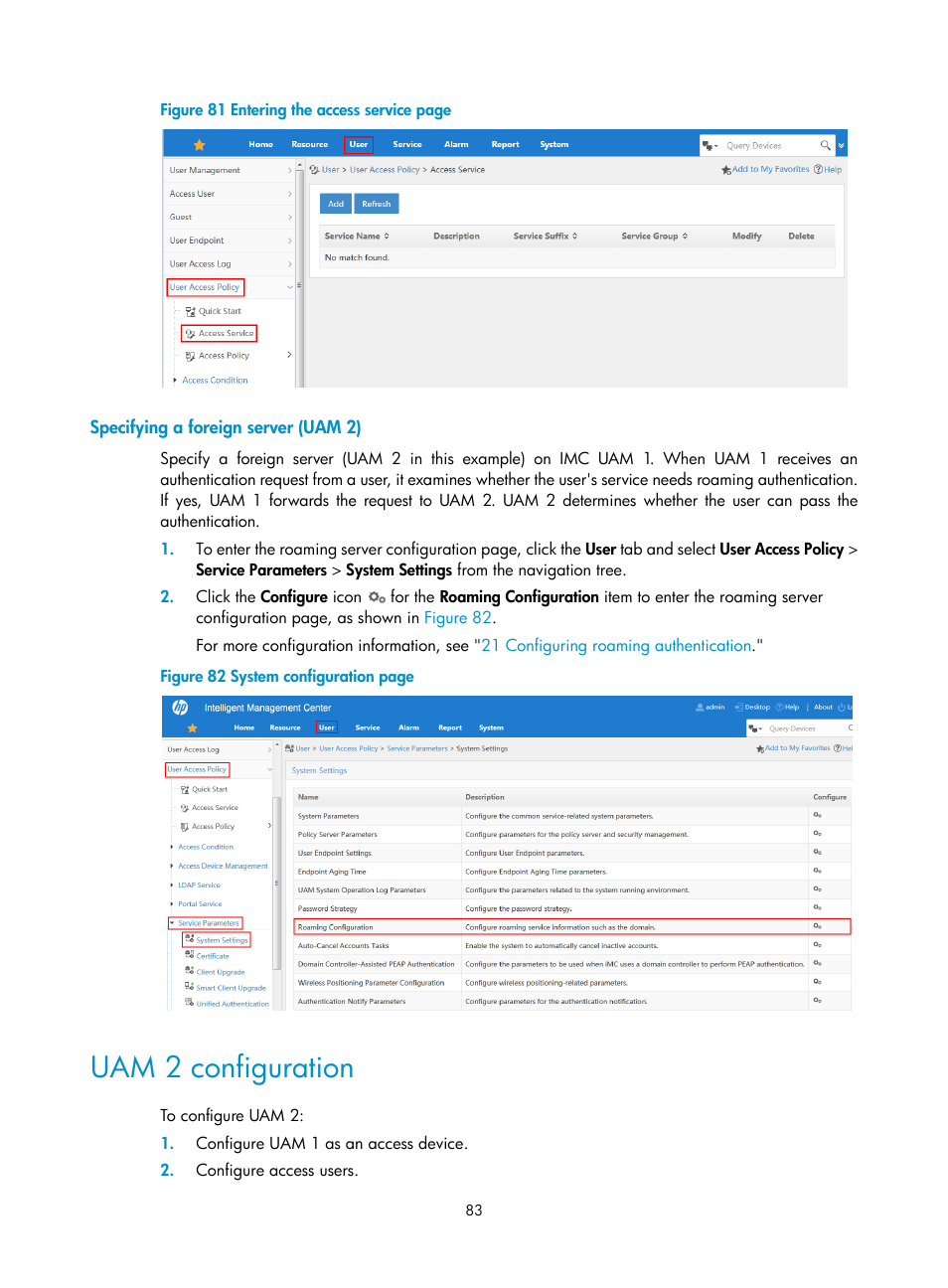 Specifying a foreign server (uam 2), Uam 2 configuration, N in | Figure 81 | H3C Technologies H3C Intelligent Management Center User Manual | Page 101 / 641