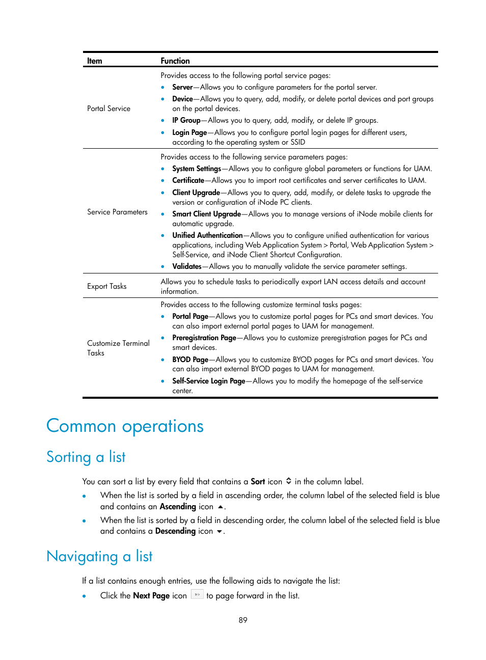 Common operations, Sorting a list, Navigating a list | H3C Technologies H3C Intelligent Management Center User Manual | Page 107 / 641