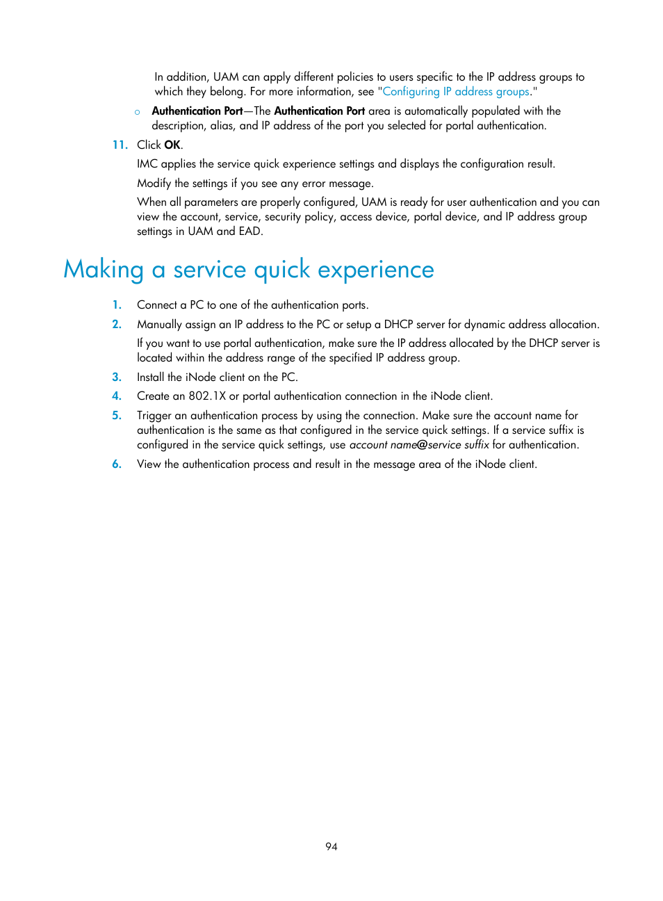 Making a service quick experience | H3C Technologies H3C Intelligent Management Center User Manual | Page 112 / 641