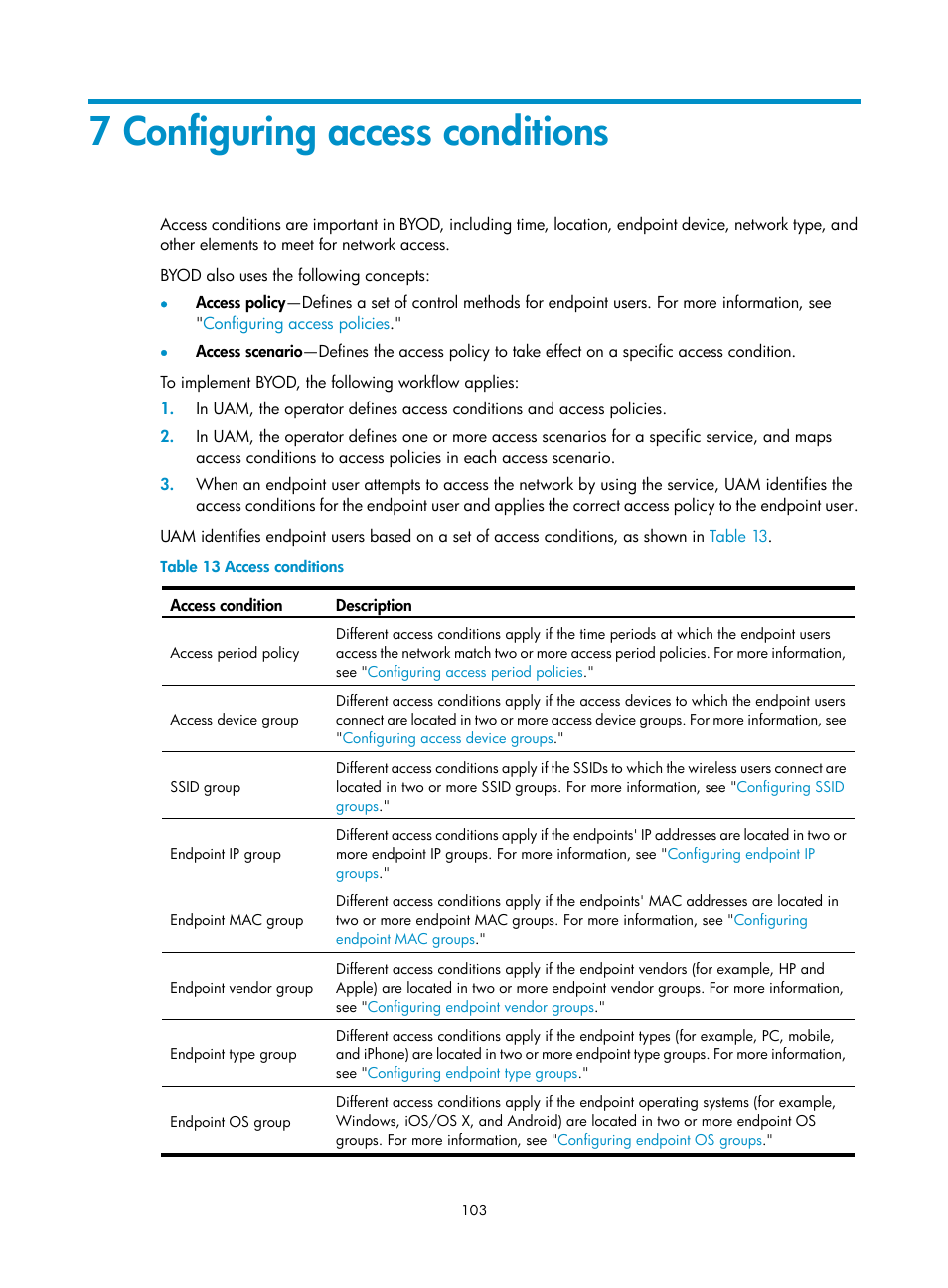 7 configuring access conditions, Configuring access conditions | H3C Technologies H3C Intelligent Management Center User Manual | Page 121 / 641