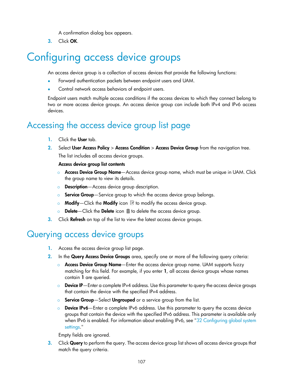 Configuring access device groups, Querying access device groups, Accessing the access device group list page | H3C Technologies H3C Intelligent Management Center User Manual | Page 125 / 641