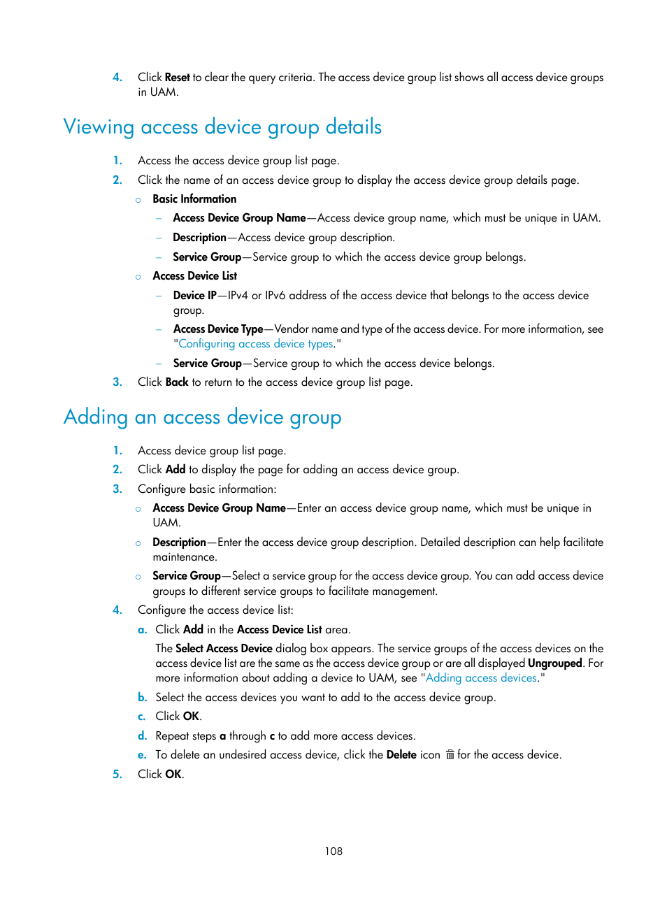 Viewing access device group details, Adding an access device group | H3C Technologies H3C Intelligent Management Center User Manual | Page 126 / 641