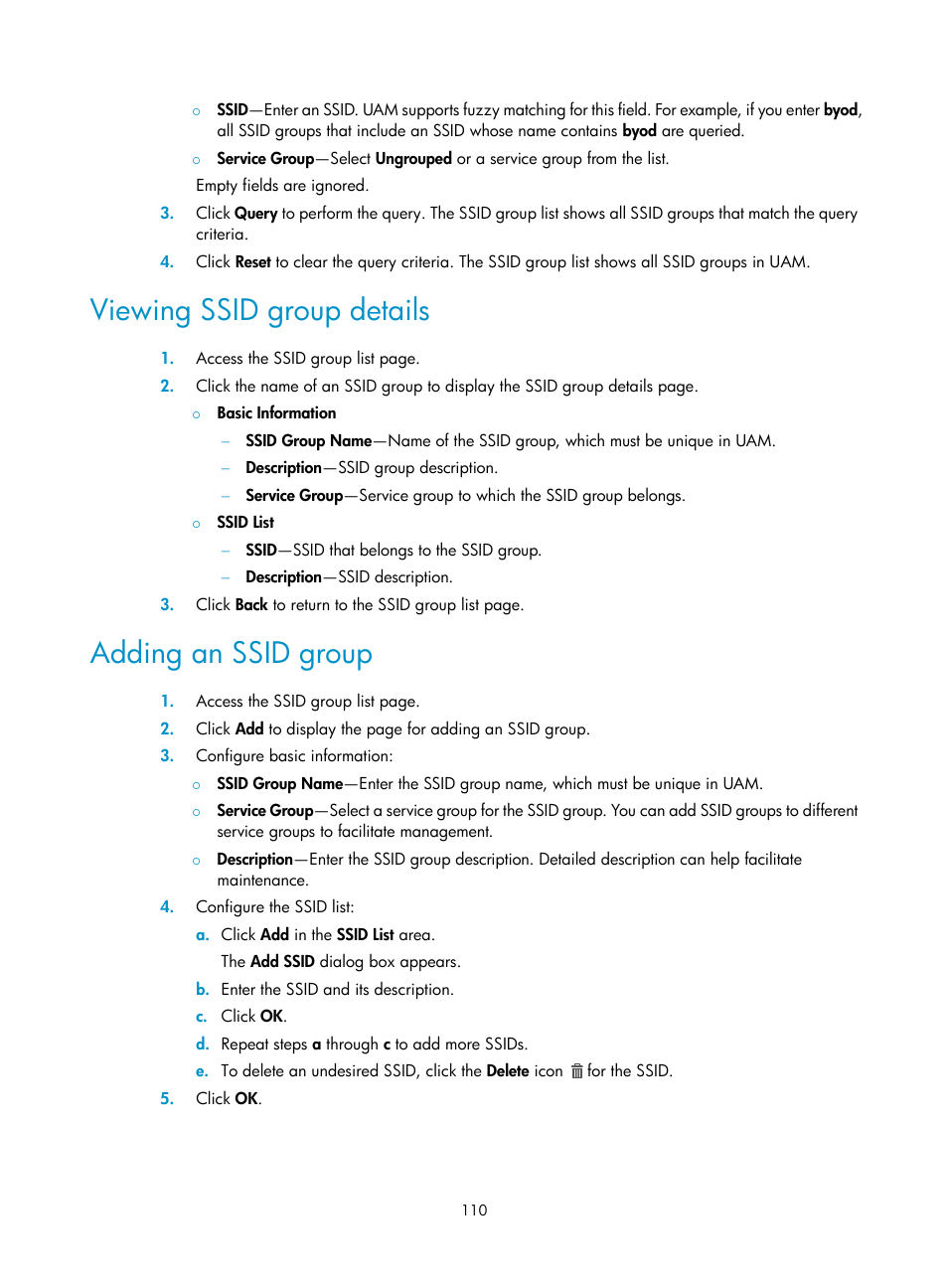 Viewing ssid group details, Adding an ssid group | H3C Technologies H3C Intelligent Management Center User Manual | Page 128 / 641