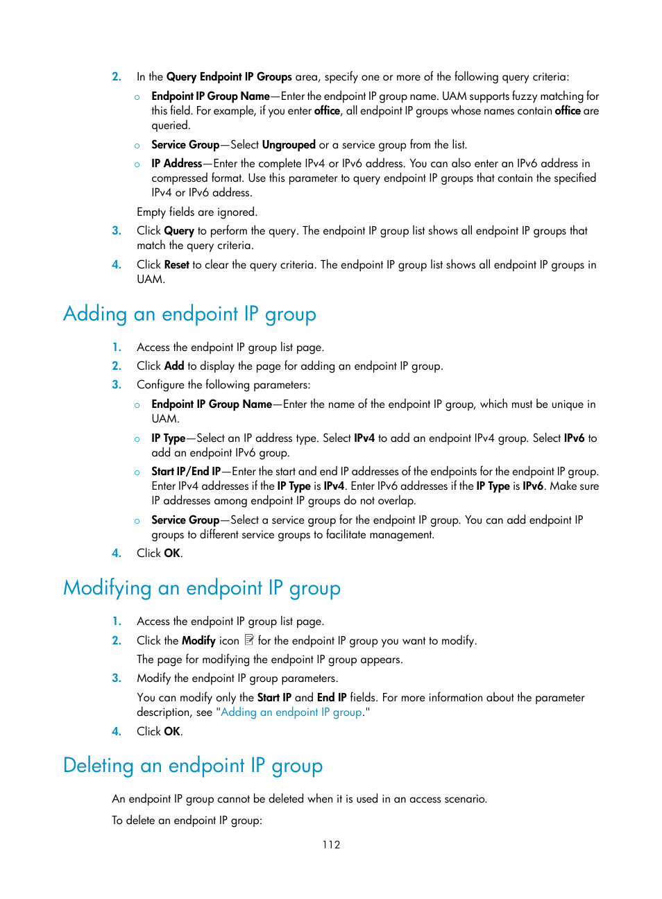 Adding an endpoint ip group, Modifying an endpoint ip group, Deleting an endpoint ip group | H3C Technologies H3C Intelligent Management Center User Manual | Page 130 / 641