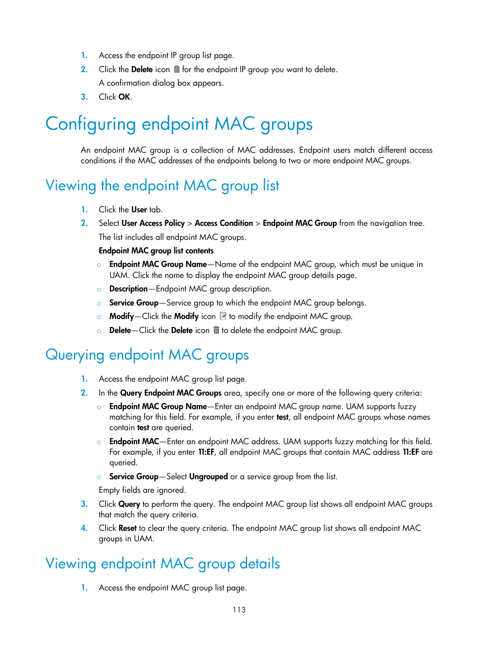 Configuring endpoint mac groups, Viewing the endpoint mac group list, Querying endpoint mac groups | Viewing endpoint mac group details, Configuring, Endpoint mac groups | H3C Technologies H3C Intelligent Management Center User Manual | Page 131 / 641
