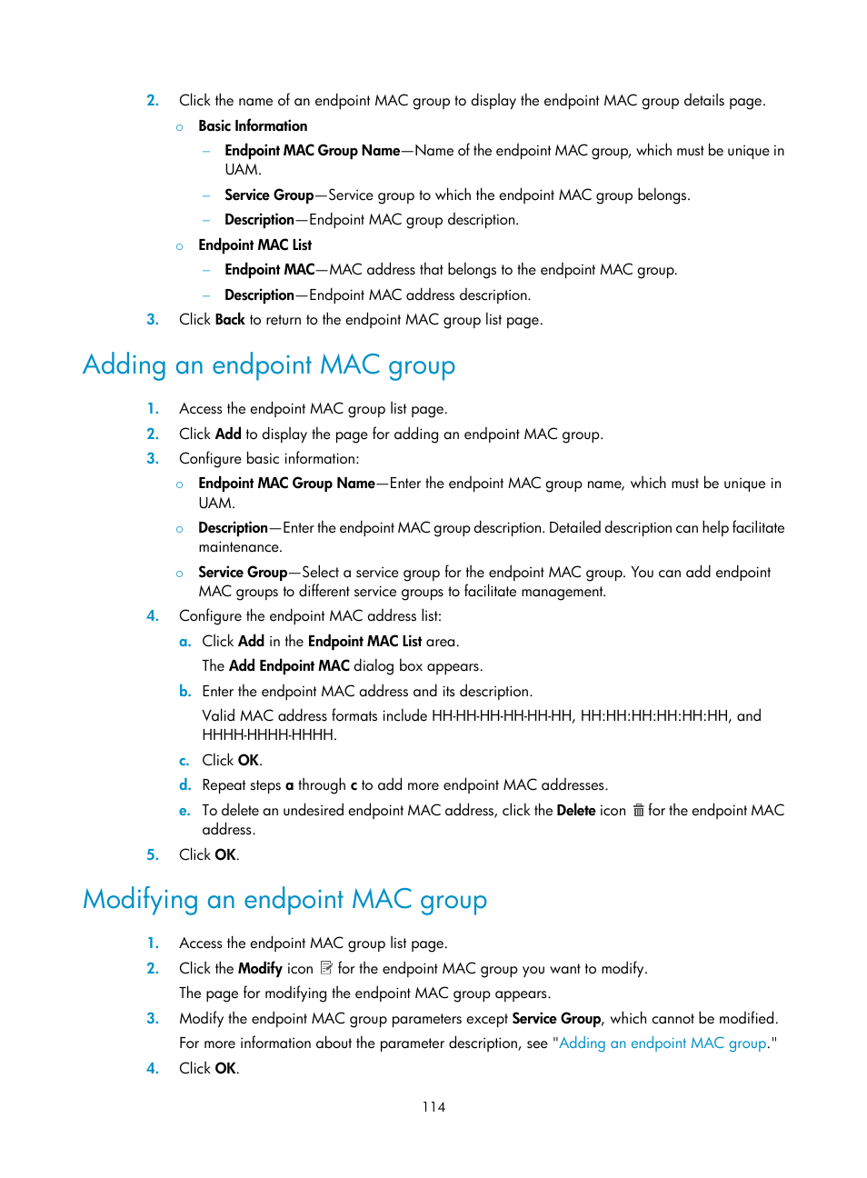 Adding an endpoint mac group, Modifying an endpoint mac group | H3C Technologies H3C Intelligent Management Center User Manual | Page 132 / 641