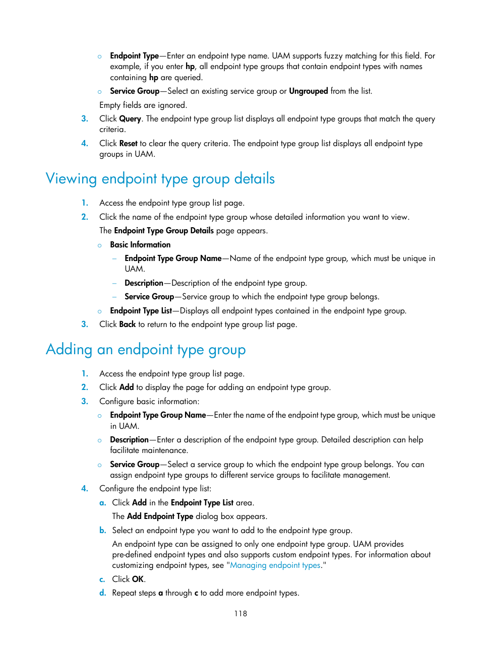 Viewing endpoint type group details, Adding an endpoint type group | H3C Technologies H3C Intelligent Management Center User Manual | Page 136 / 641