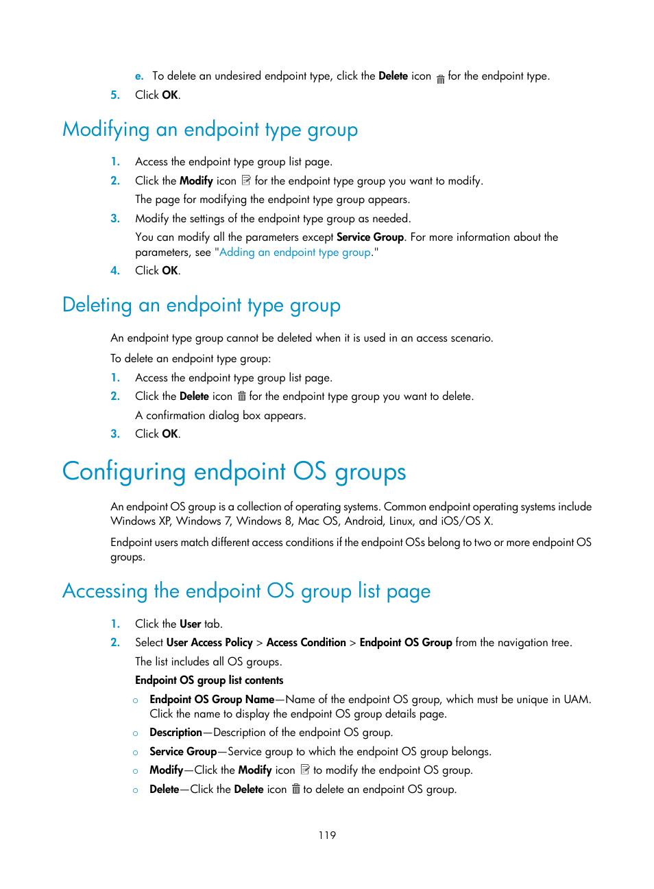 Modifying an endpoint type group, Deleting an endpoint type group, Configuring endpoint os groups | Accessing the endpoint os group list page | H3C Technologies H3C Intelligent Management Center User Manual | Page 137 / 641