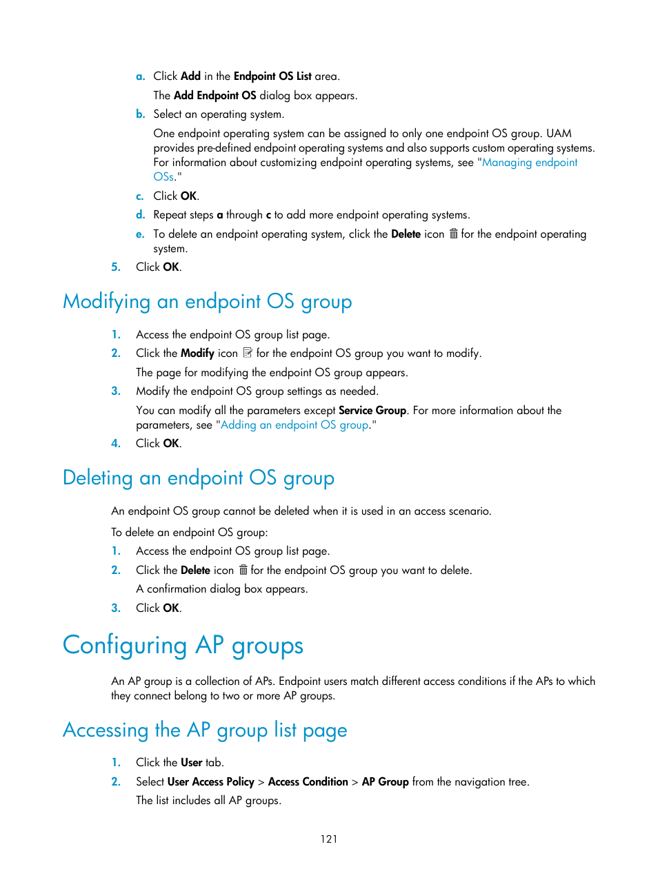 Modifying an endpoint os group, Deleting an endpoint os group, Configuring ap groups | Accessing the ap group list page | H3C Technologies H3C Intelligent Management Center User Manual | Page 139 / 641