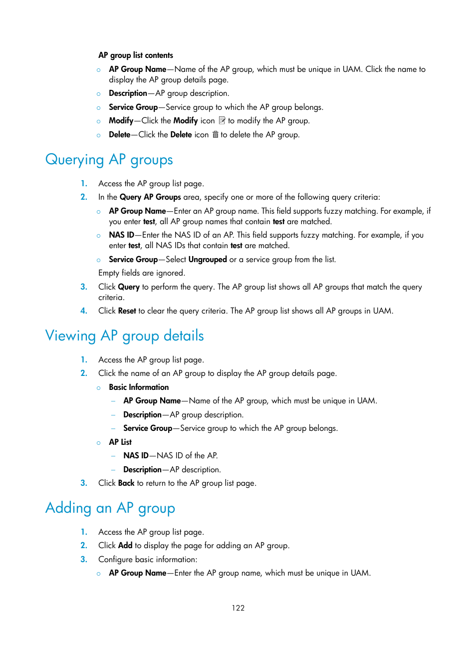 Querying ap groups, Viewing ap group details, Adding an ap group | H3C Technologies H3C Intelligent Management Center User Manual | Page 140 / 641