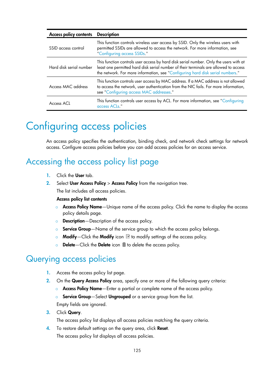 Configuring access policies, Querying access policies, Accessing the access policy list page | H3C Technologies H3C Intelligent Management Center User Manual | Page 143 / 641