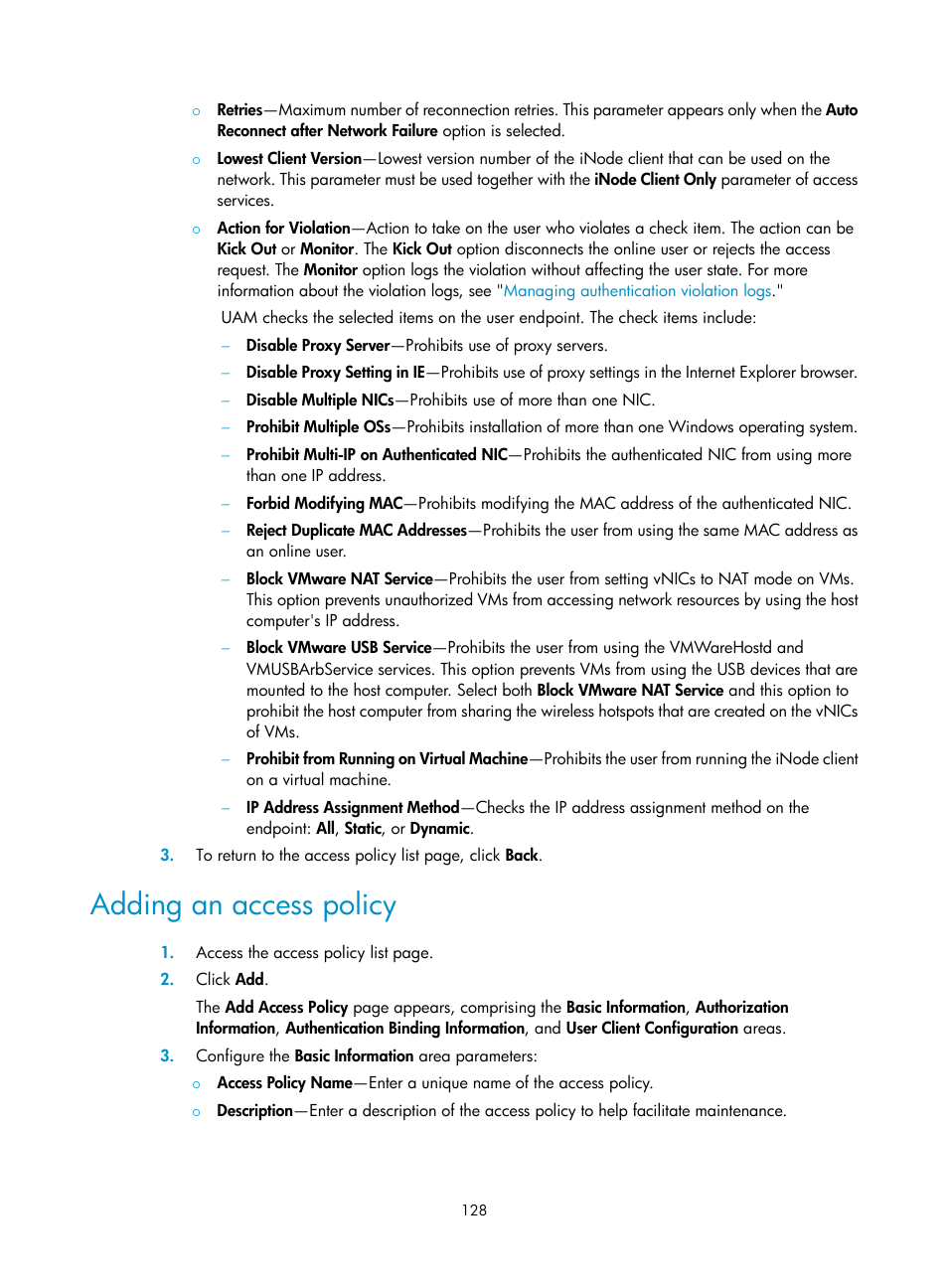 Adding an access policy | H3C Technologies H3C Intelligent Management Center User Manual | Page 146 / 641