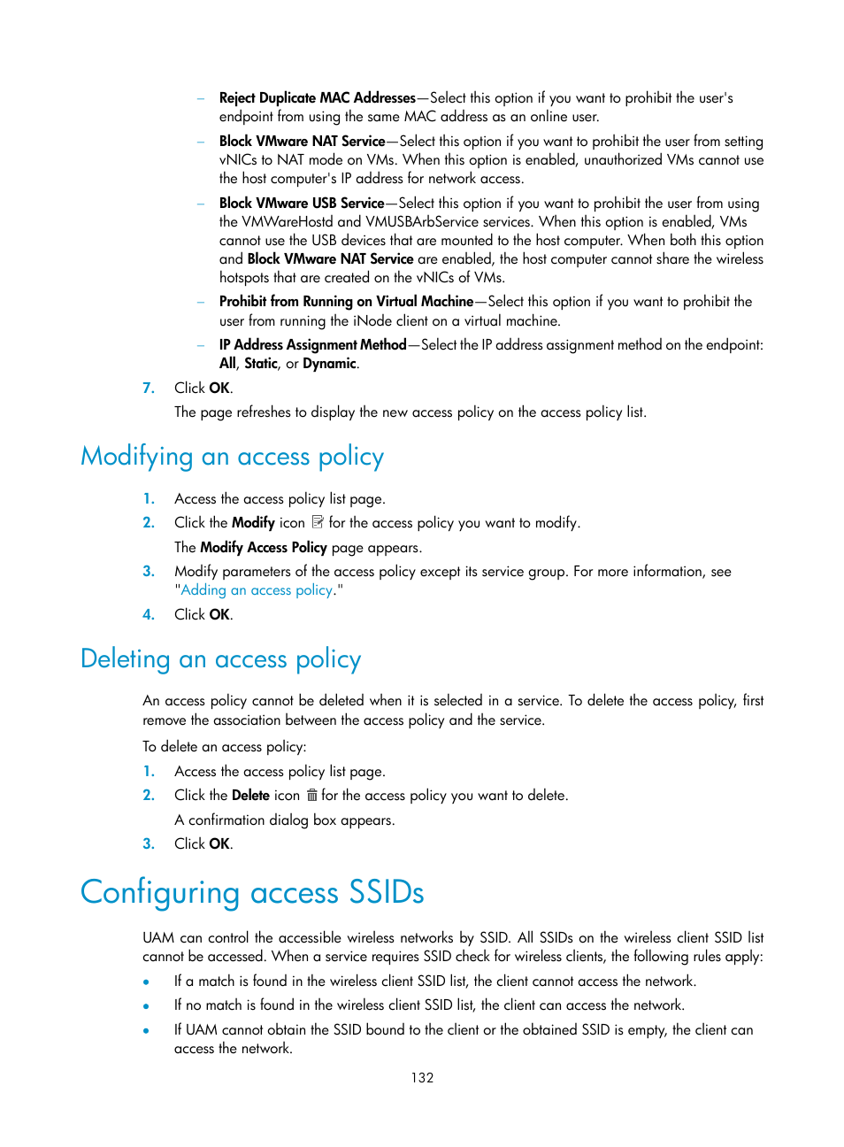 Modifying an access policy, Deleting an access policy, Configuring access ssids | H3C Technologies H3C Intelligent Management Center User Manual | Page 150 / 641