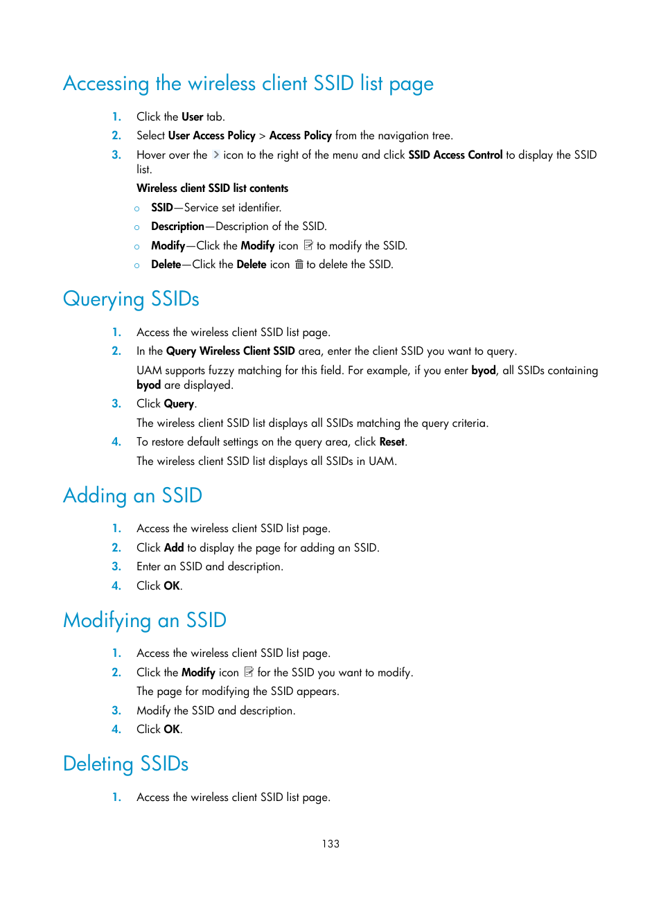 Querying ssids, Adding an ssid, Modifying an ssid | Deleting ssids, Accessing the wireless client ssid list page | H3C Technologies H3C Intelligent Management Center User Manual | Page 151 / 641