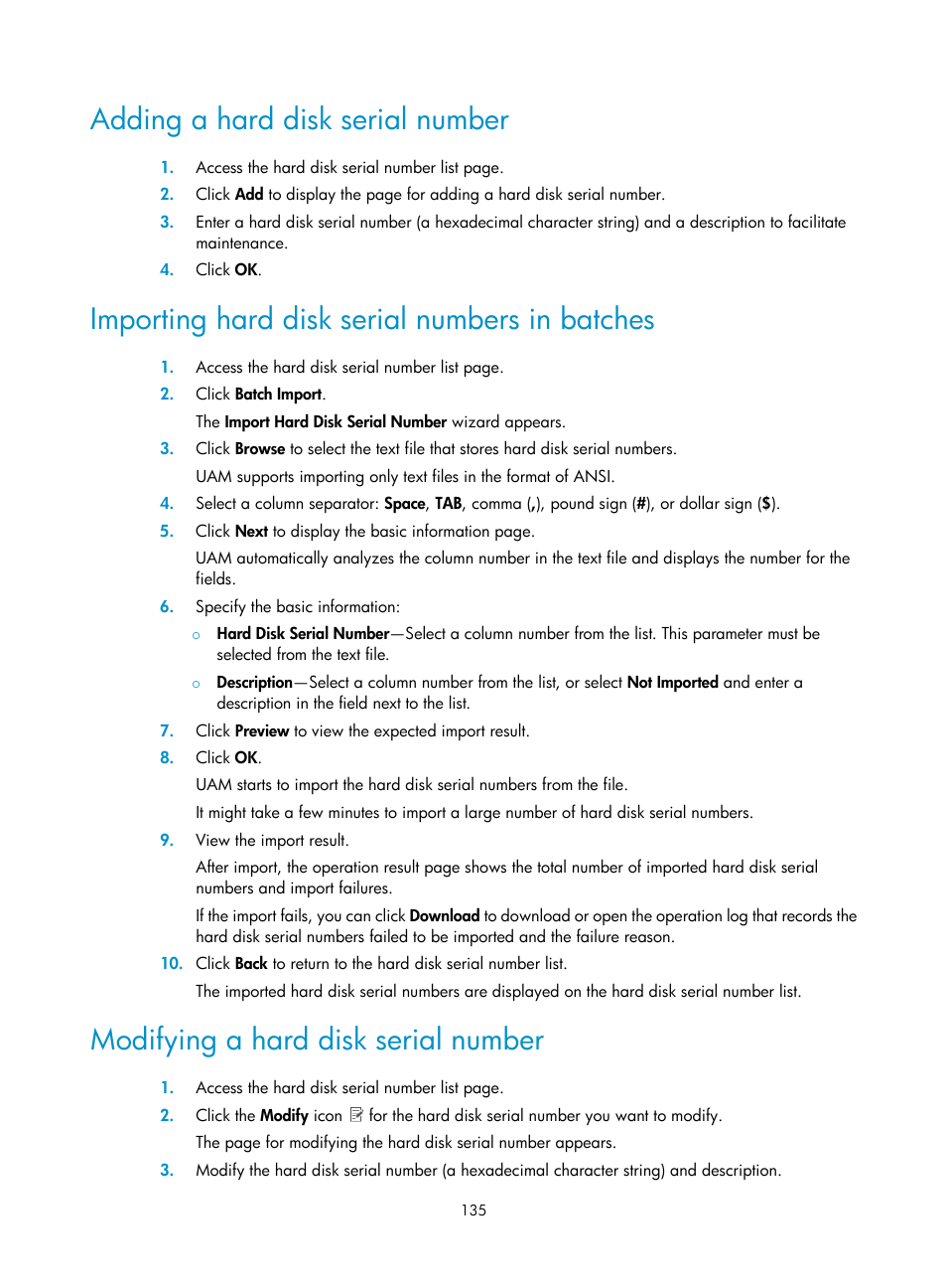 Adding a hard disk serial number, Importing hard disk serial numbers in batches, Modifying a hard disk serial number | H3C Technologies H3C Intelligent Management Center User Manual | Page 153 / 641