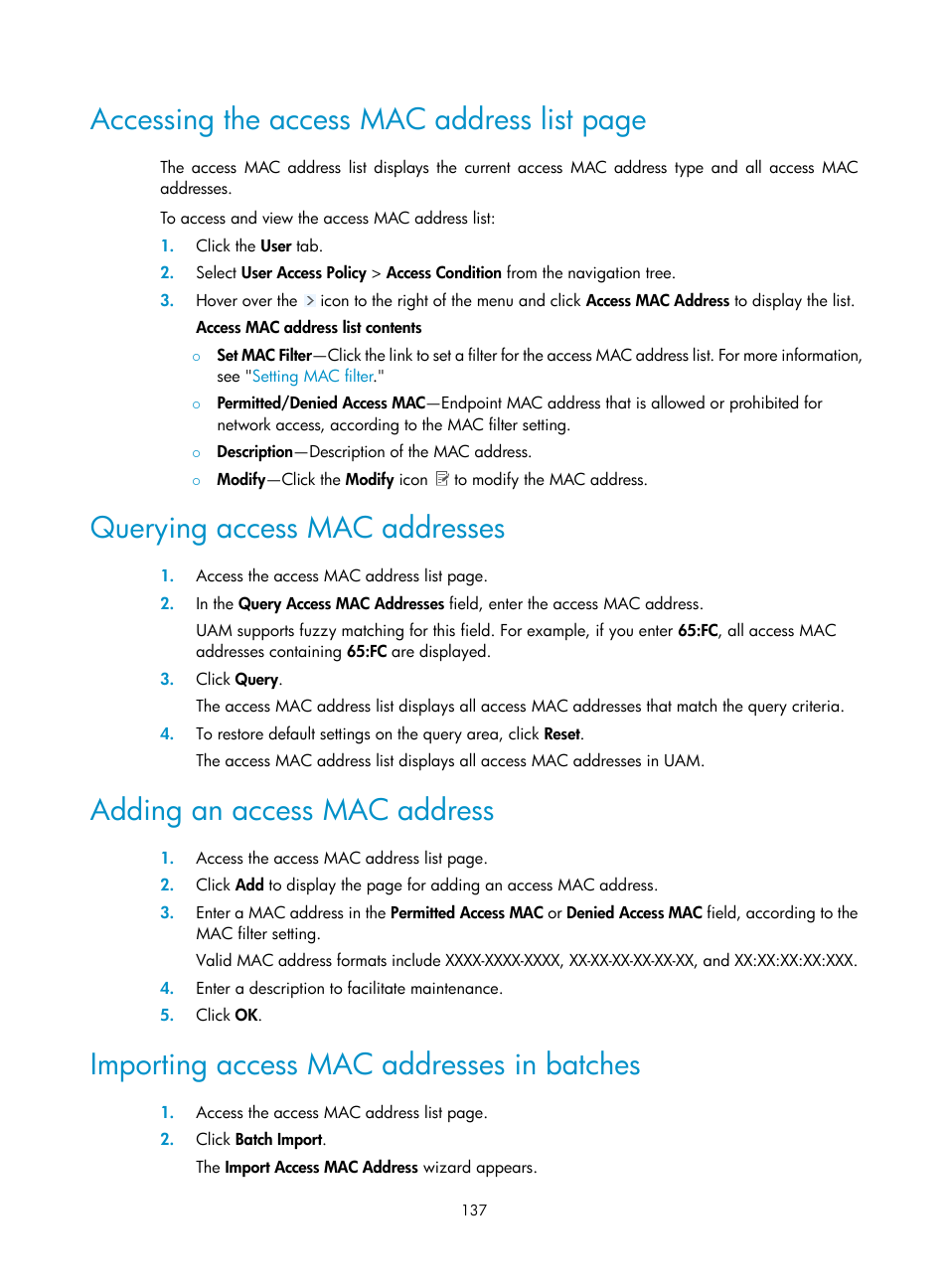 Querying access mac addresses, Adding an access mac address, Importing access mac addresses in batches | Accessing the access mac address list page | H3C Technologies H3C Intelligent Management Center User Manual | Page 155 / 641