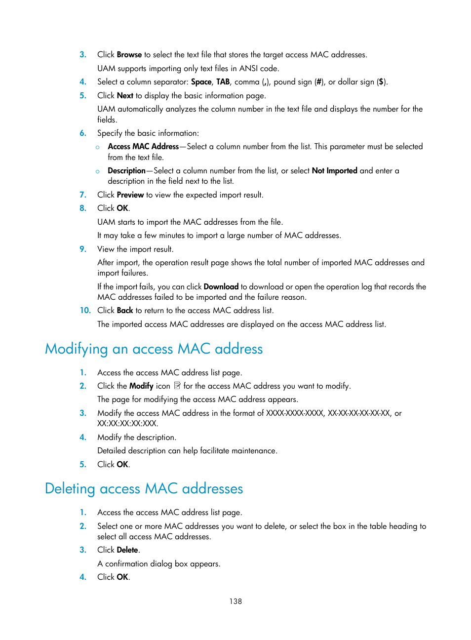 Modifying an access mac address, Deleting access mac addresses | H3C Technologies H3C Intelligent Management Center User Manual | Page 156 / 641