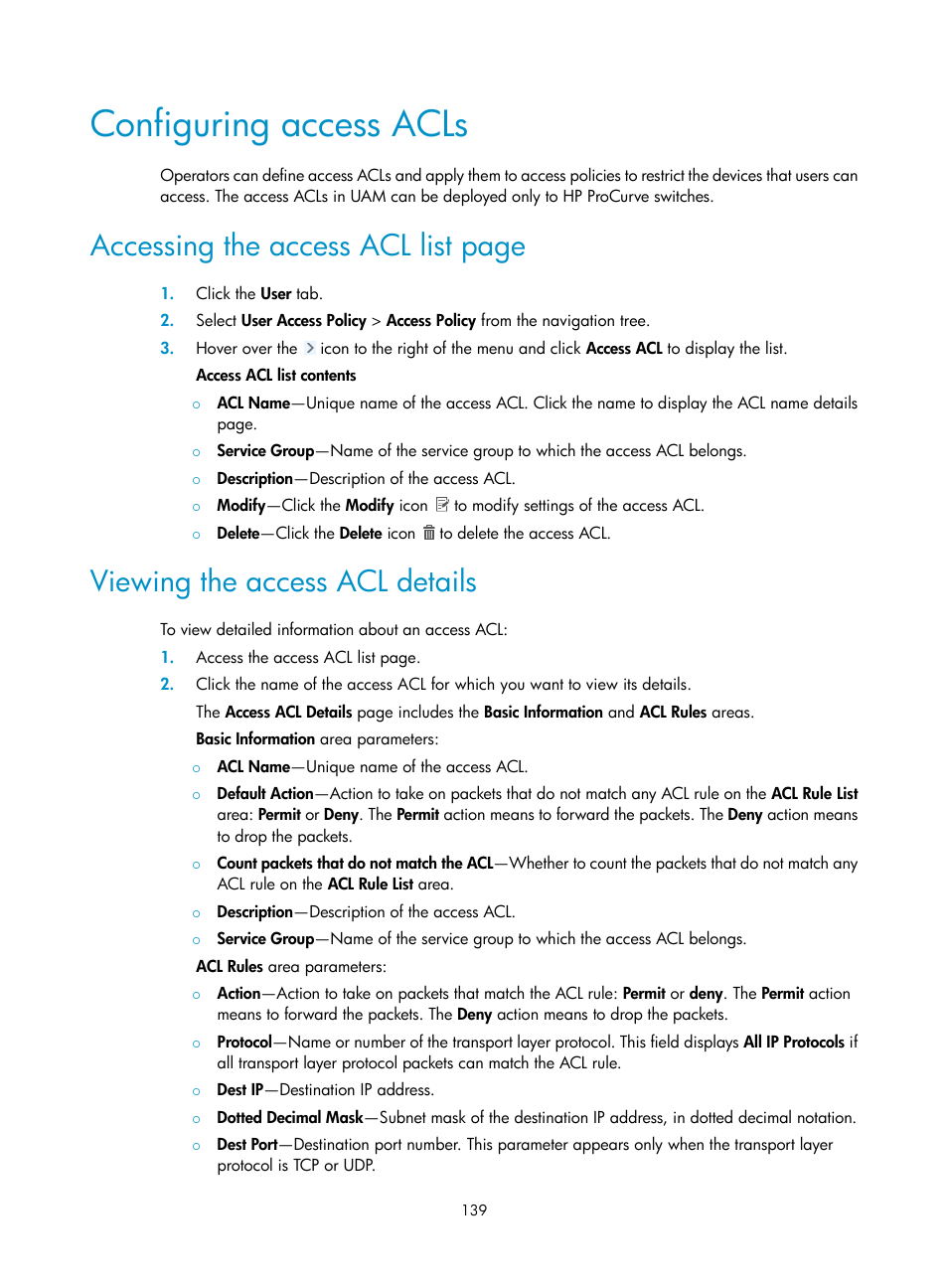 Configuring access acls, Viewing the access acl details, Configuring | Access acls, Accessing the access acl list page | H3C Technologies H3C Intelligent Management Center User Manual | Page 157 / 641