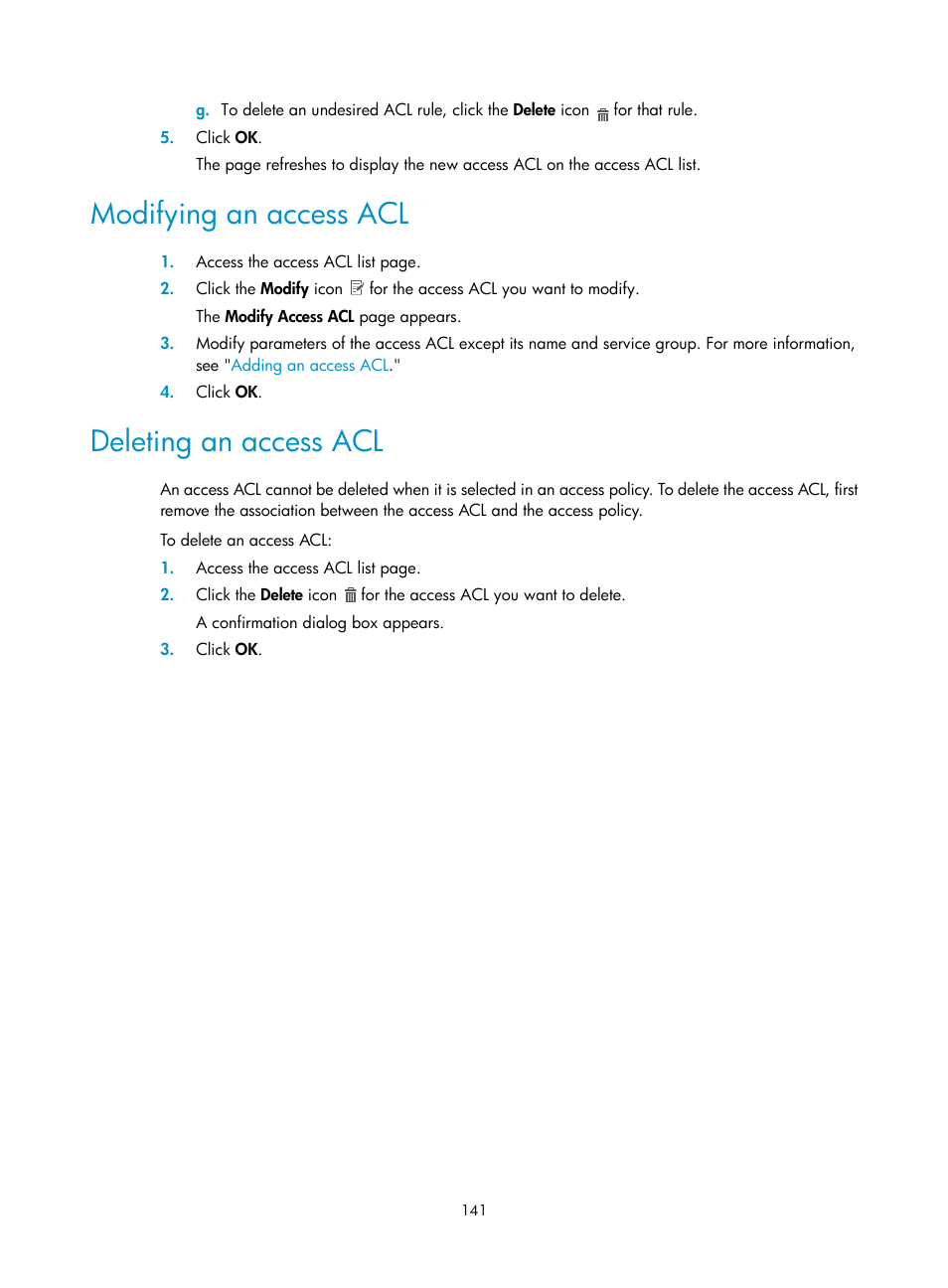 Modifying an access acl, Deleting an access acl | H3C Technologies H3C Intelligent Management Center User Manual | Page 159 / 641