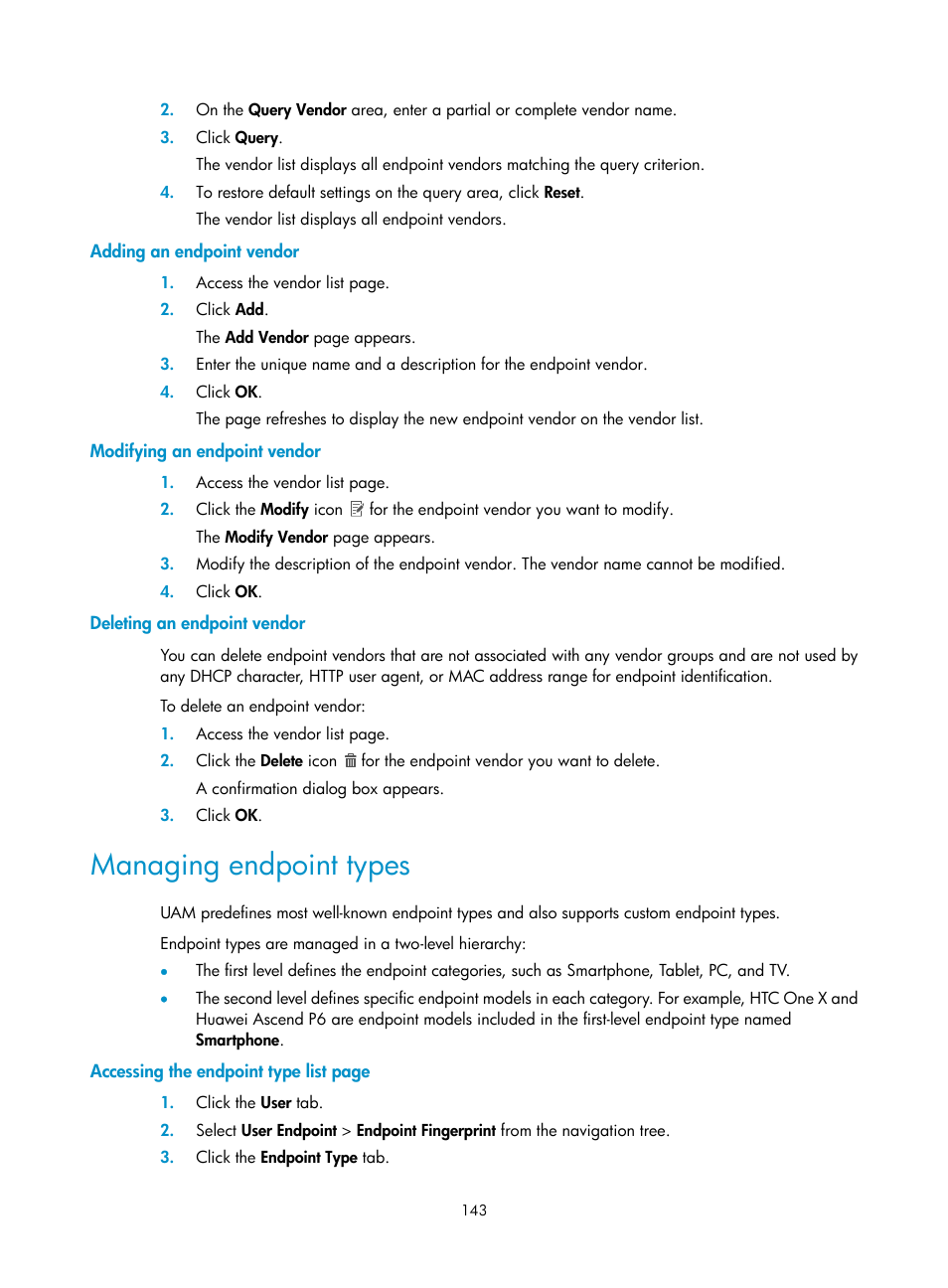 Adding an endpoint vendor, Modifying an endpoint vendor, Deleting an endpoint vendor | Managing endpoint types | H3C Technologies H3C Intelligent Management Center User Manual | Page 161 / 641