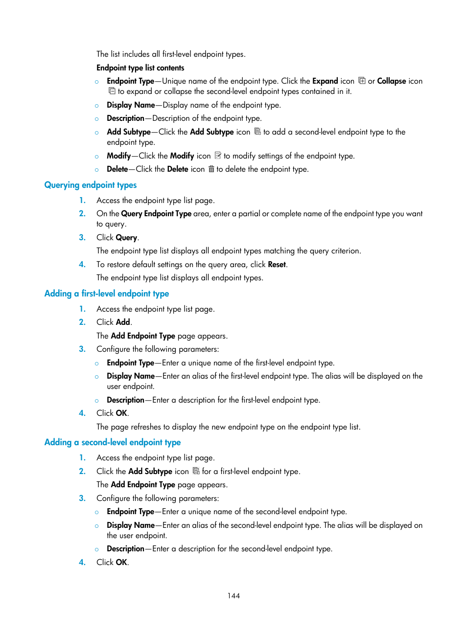 Querying endpoint types, Adding a first-level endpoint type, Adding a second-level endpoint type | H3C Technologies H3C Intelligent Management Center User Manual | Page 162 / 641