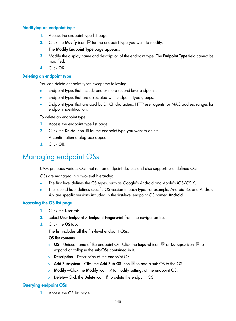 Modifying an endpoint type, Deleting an endpoint type, Managing endpoint oss | Querying endpoint oss, Managing endpoint | H3C Technologies H3C Intelligent Management Center User Manual | Page 163 / 641