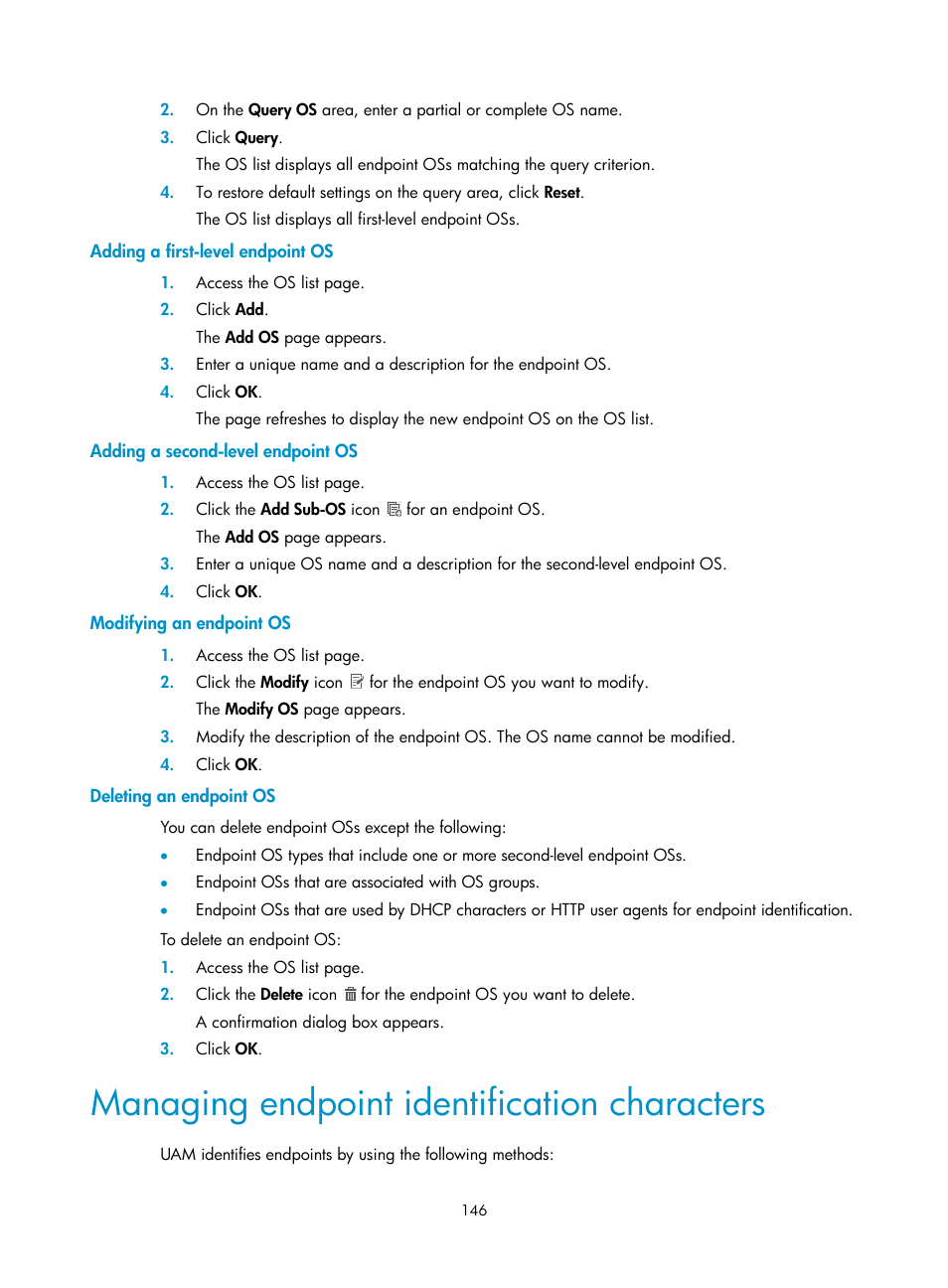Adding a first-level endpoint os, Adding a second-level endpoint os, Modifying an endpoint os | Deleting an endpoint os, Managing endpoint identification characters | H3C Technologies H3C Intelligent Management Center User Manual | Page 164 / 641