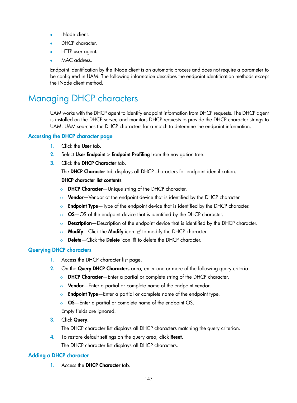 Managing dhcp characters, Querying dhcp characters, Adding a dhcp character | H3C Technologies H3C Intelligent Management Center User Manual | Page 165 / 641