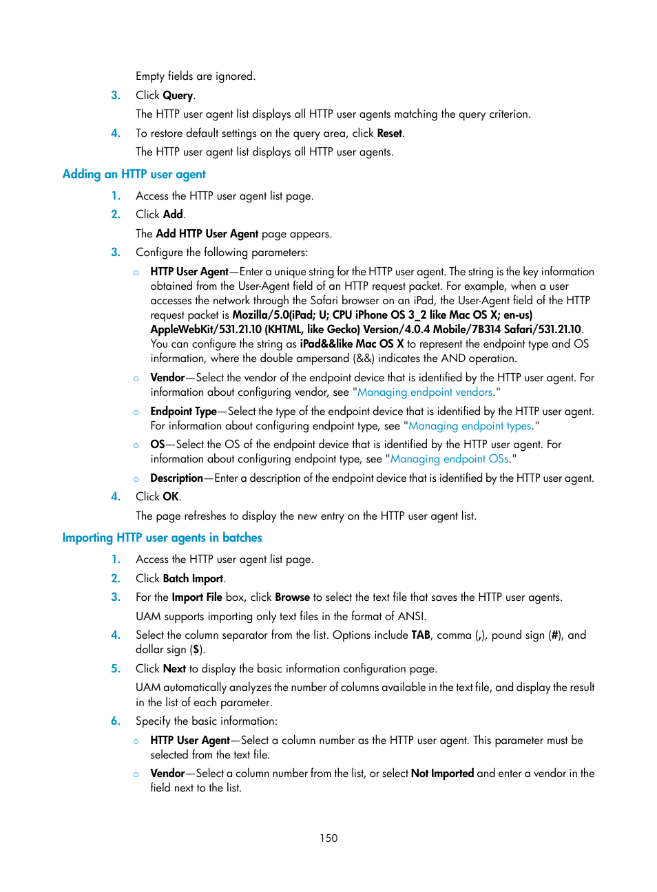 Adding an http user agent, Importing http user agents in batches | H3C Technologies H3C Intelligent Management Center User Manual | Page 168 / 641