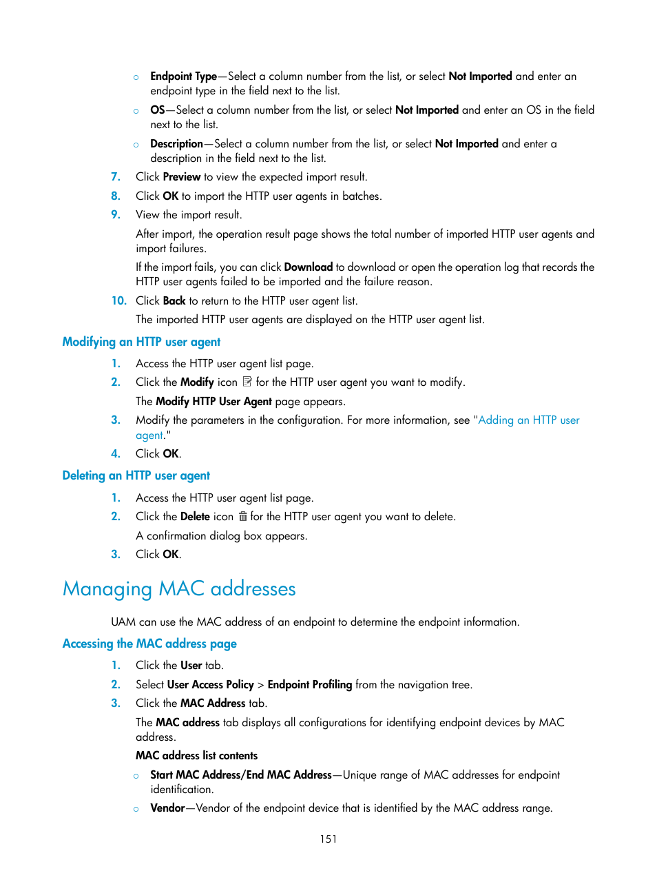 Modifying an http user agent, Deleting an http user agent, Managing mac addresses | H3C Technologies H3C Intelligent Management Center User Manual | Page 169 / 641