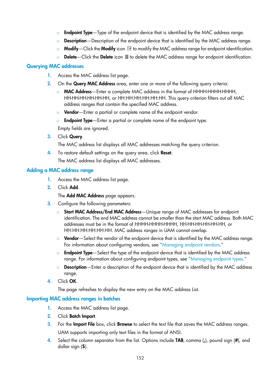 Querying mac addresses, Adding a mac address range, Importing mac address ranges in batches | H3C Technologies H3C Intelligent Management Center User Manual | Page 170 / 641