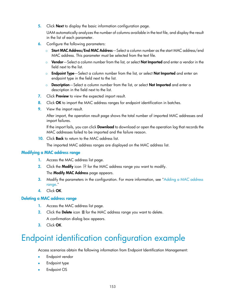Modifying a mac address range, Deleting a mac address range, Endpoint identification configuration example | H3C Technologies H3C Intelligent Management Center User Manual | Page 171 / 641