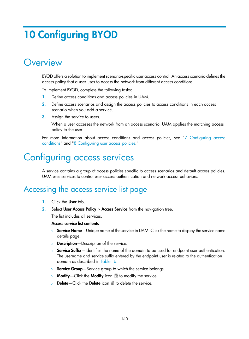 10 configuring byod, Overview, Configuring access services | Configuring access, Services, Accessing the access service list page | H3C Technologies H3C Intelligent Management Center User Manual | Page 173 / 641