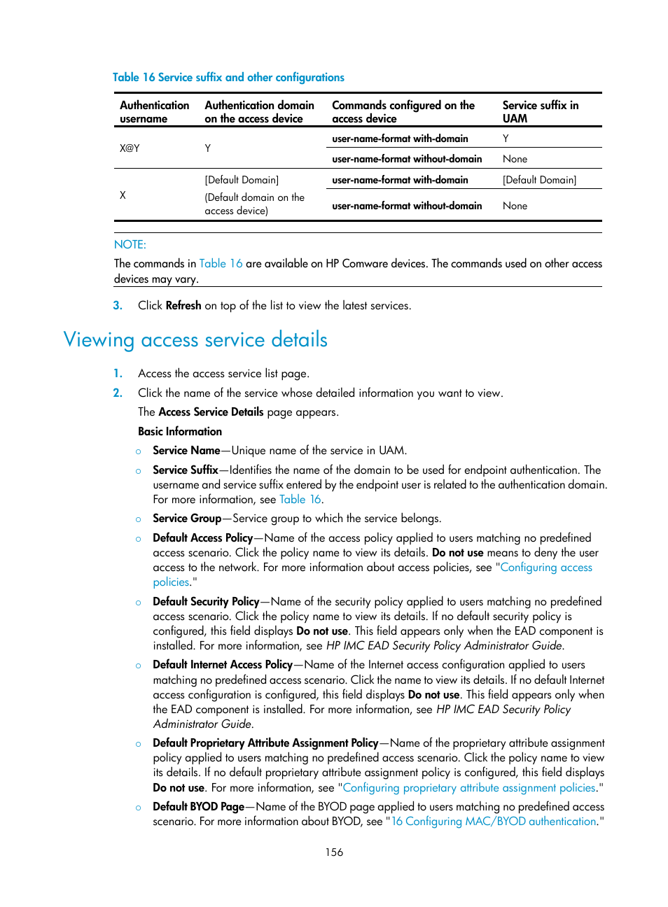 Viewing access service details, D in, Table 16 | H3C Technologies H3C Intelligent Management Center User Manual | Page 174 / 641