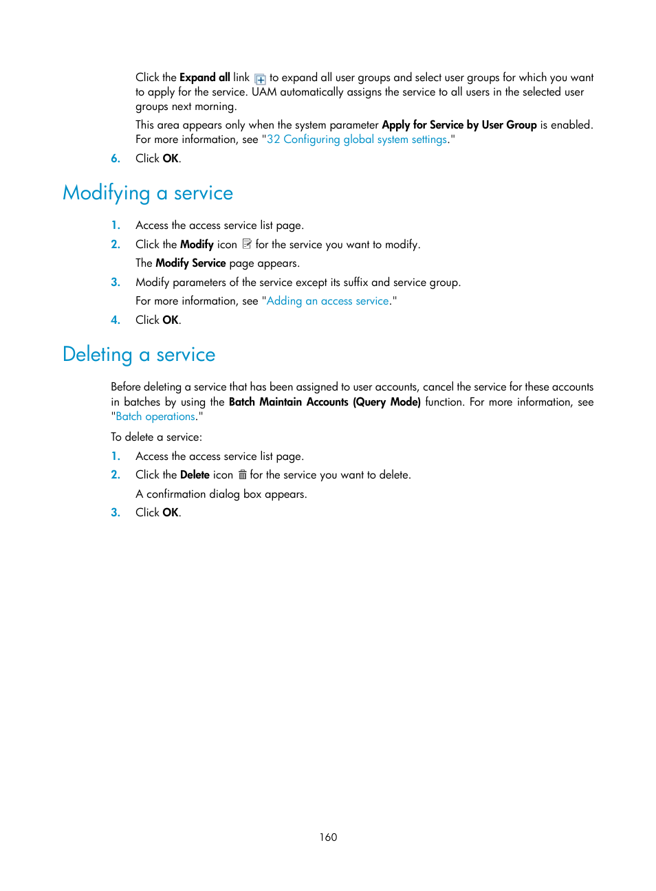 Modifying a service, Deleting a service | H3C Technologies H3C Intelligent Management Center User Manual | Page 178 / 641